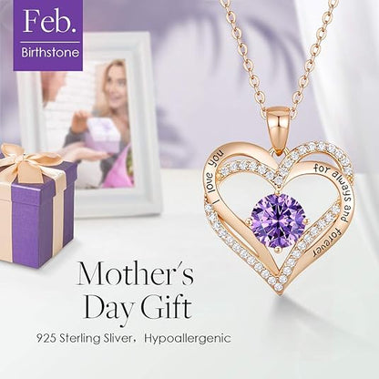 Forever Love Heart Birthstone Necklace: 925 Sterling Silver Personalized Jewelry for Mom, Wife, Friend with 12 Month Stone Options（purple diamond,February） - Image 3