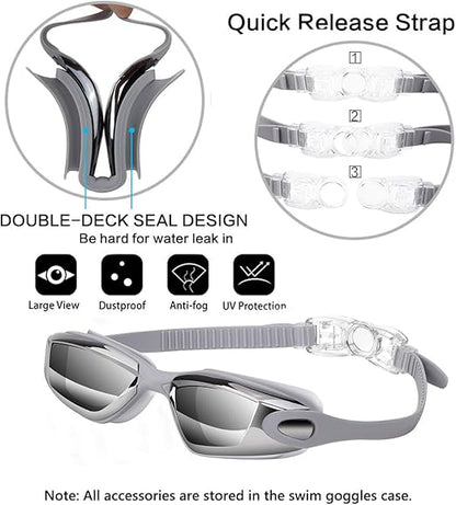 Gray Swim Goggles Set with Cap, Nose Clip, Earplugs & Case: Anti-Fog UV Protection for Men & Women - Image 2