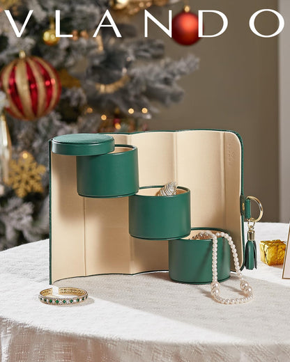 Green Travel Jewelry Case: 3-Layer PU Cylinder Organizer for Necklaces, Earrings, Gifts for Travelers & Jewelry Lovers - Image 2