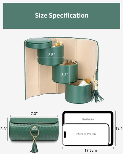 Green Travel Jewelry Case: 3-Layer PU Cylinder Organizer for Necklaces, Earrings, Gifts for Travelers & Jewelry Lovers - Image 4