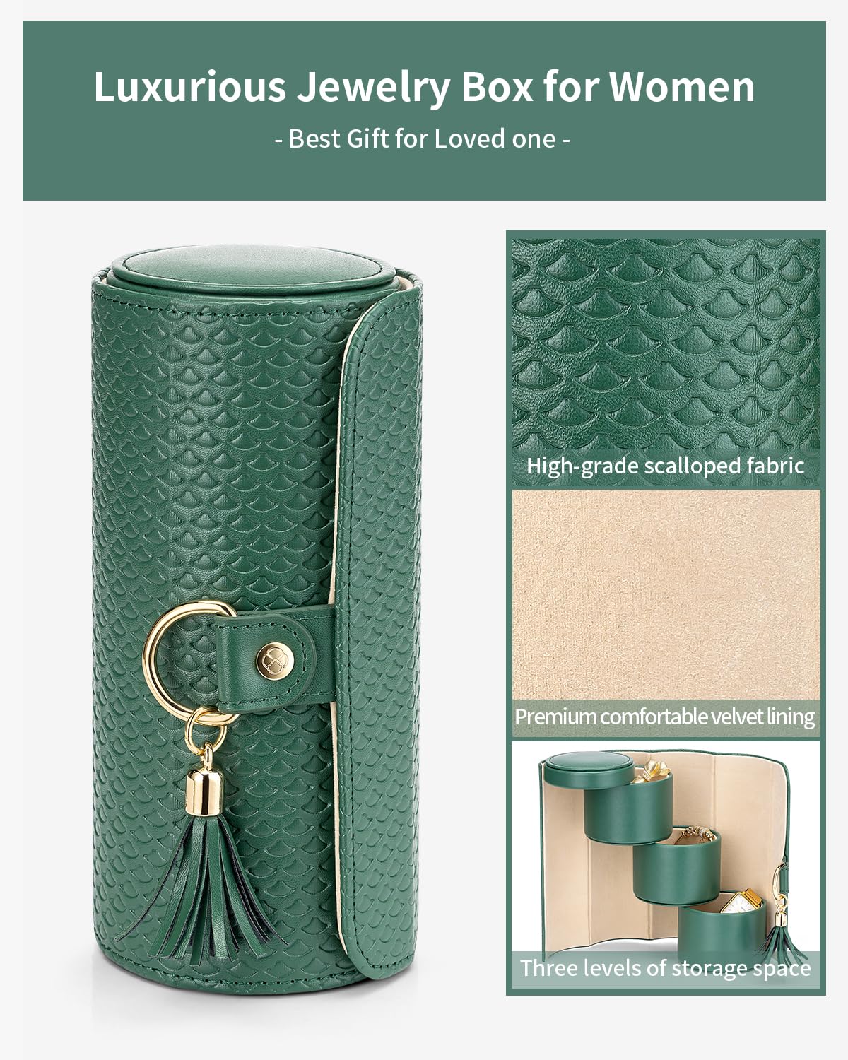 Green Travel Jewelry Case: 3-Layer PU Cylinder Organizer for Necklaces, Earrings, Gifts for Travelers & Jewelry Lovers - Image 6
