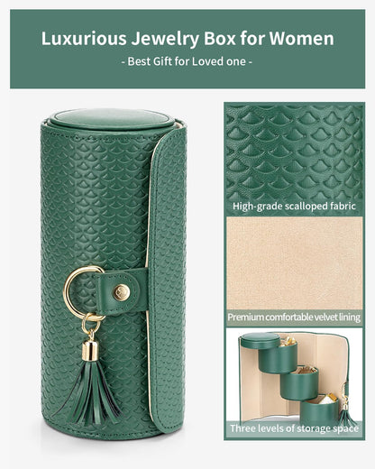 Green Travel Jewelry Case: 3-Layer PU Cylinder Organizer for Necklaces, Earrings, Gifts for Travelers & Jewelry Lovers - Image 6