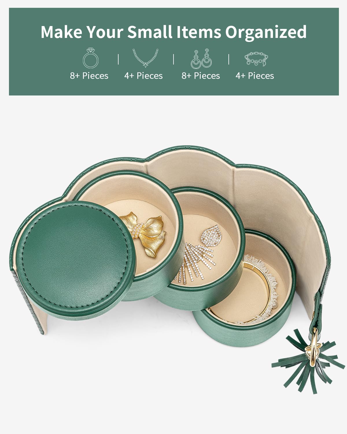 Green Travel Jewelry Case: 3-Layer PU Cylinder Organizer for Necklaces, Earrings, Gifts for Travelers & Jewelry Lovers - Image 7