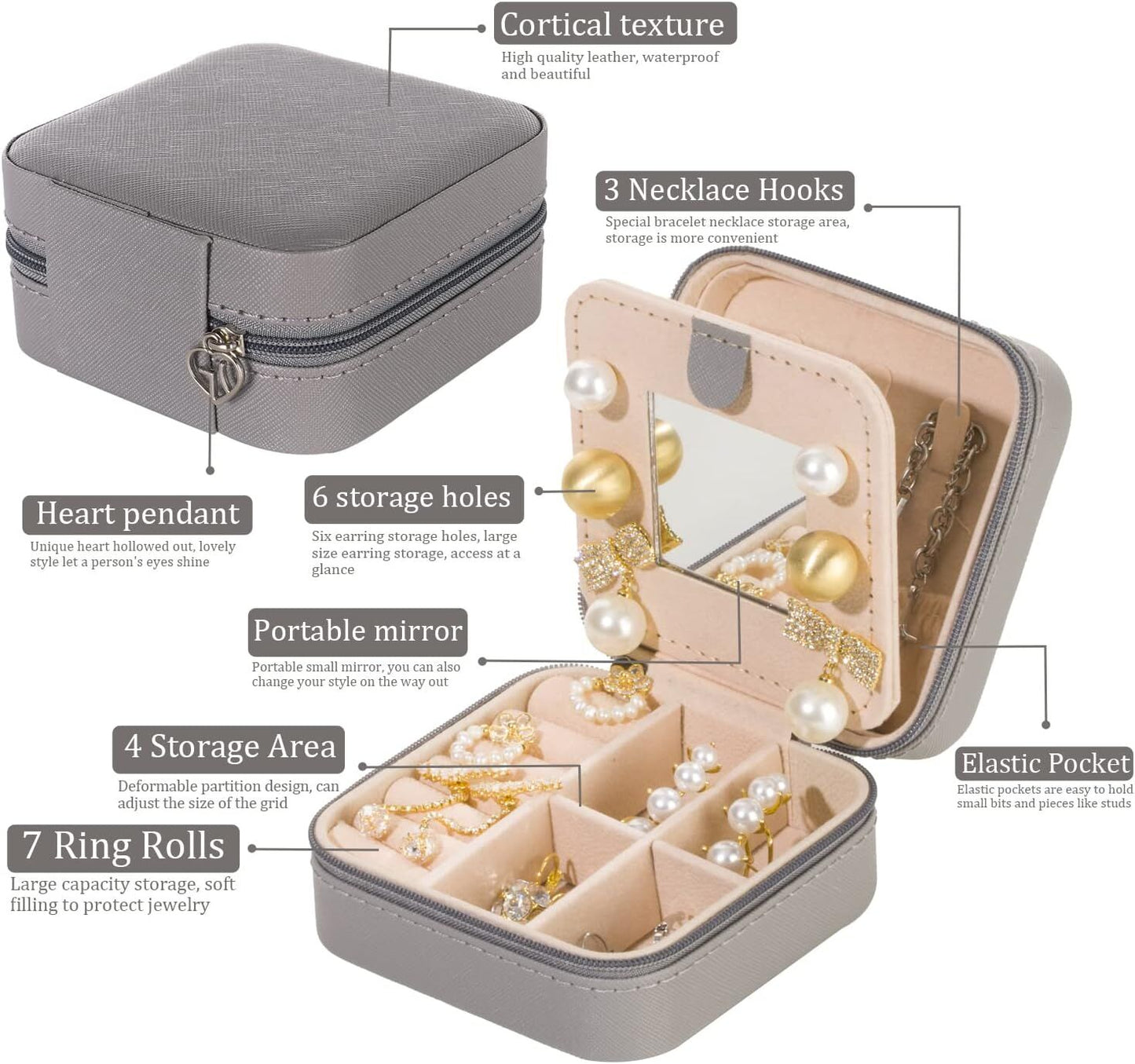 Grey Travel Jewelry Box with Mirror: Chic, Organised Storage for Rings, Necklaces & Earrings, Ideal for Aussies - Image 4