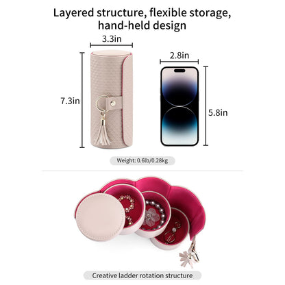 Grey Travel Jewelry Case: 3-Layer PU Cylinder Organizer for Necklaces, Earrings, Gifts for Travelers & Jewelry Lovers - Image 3