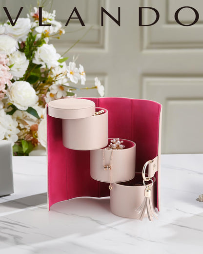 Grey Travel Jewelry Case: 3-Layer PU Cylinder Organizer for Necklaces, Earrings, Gifts for Travelers & Jewelry Lovers - Image 4