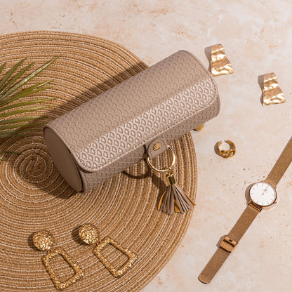 Grey Travel Jewelry Case: 3-Layer PU Cylinder Organizer for Necklaces, Earrings, Gifts for Travelers & Jewelry Lovers - Image 6