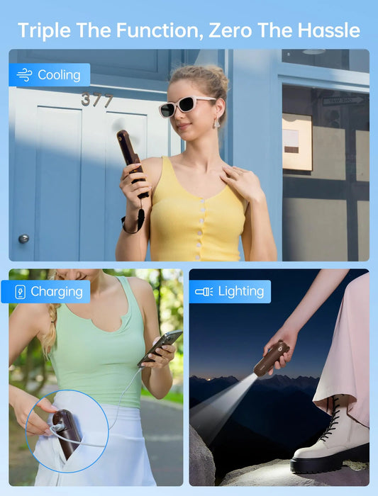 Handheld Mini Fan (Brown), 3-in-1 USB Rechargeable Portable Fan with Power Bank & Flashlight, Pocket Design for Travel & Summer - Image 2