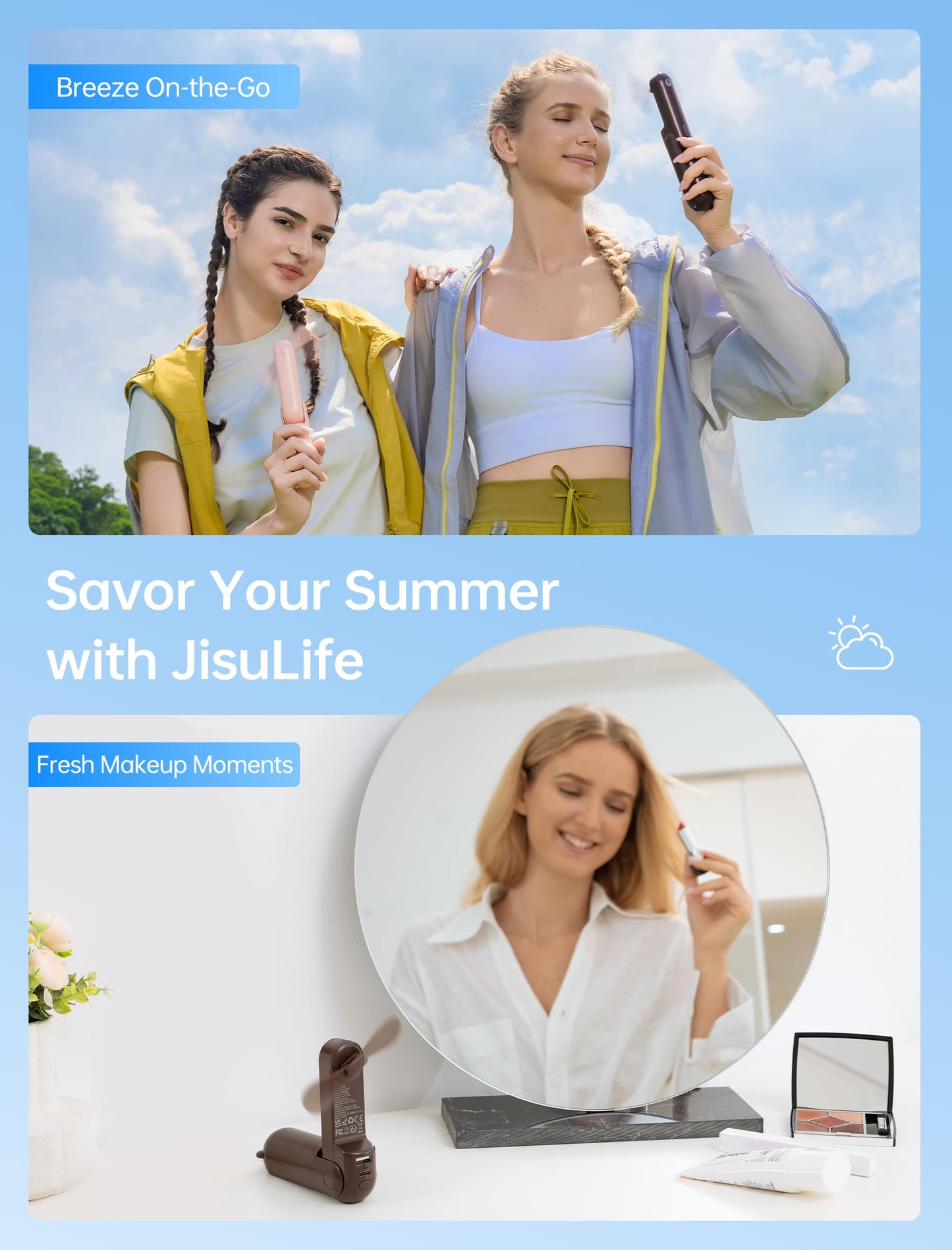 Handheld Mini Fan (Brown), 3-in-1 USB Rechargeable Portable Fan with Power Bank & Flashlight, Pocket Design for Travel & Summer - Image 6