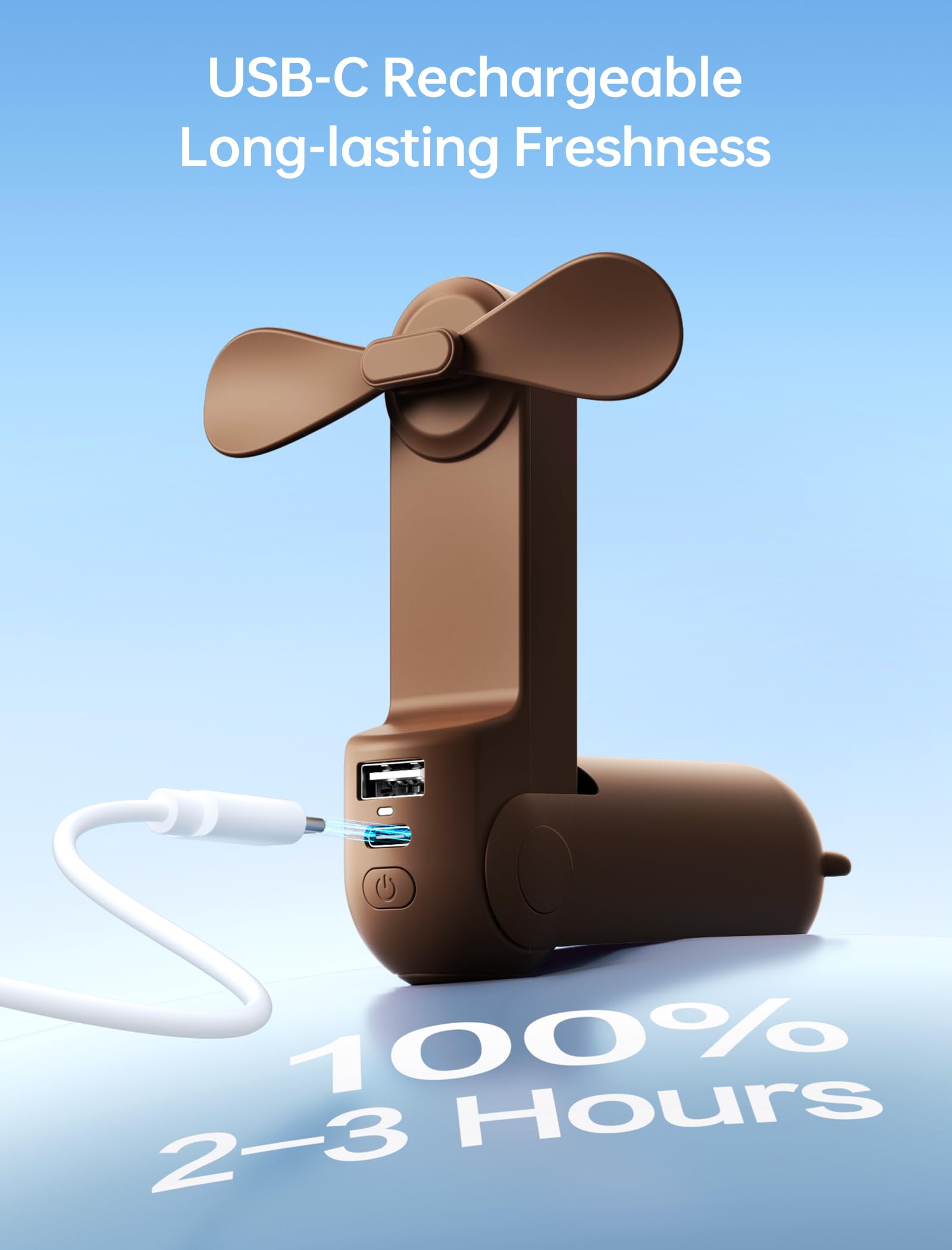 Handheld Mini Fan (Brown), 3-in-1 USB Rechargeable Portable Fan with Power Bank & Flashlight, Pocket Design for Travel & Summer - Image 8