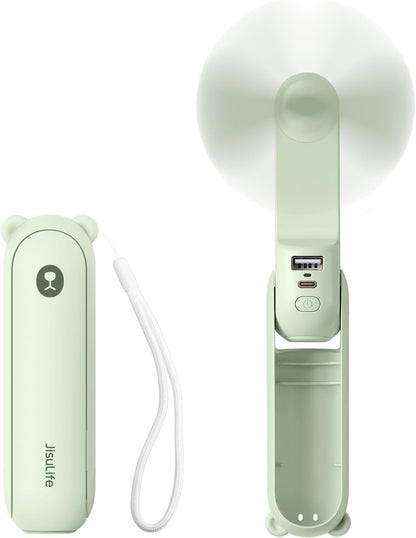 Handheld Mini Fan (Green), 3-in-1 USB Rechargeable Portable Fan with Power Bank & Flashlight, Pocket Design for Travel & Summer