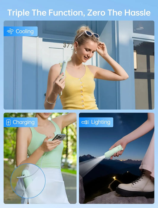 Handheld Mini Fan (Green), 3-in-1 USB Rechargeable Portable Fan with Power Bank & Flashlight, Pocket Design for Travel & Summer - Image 2