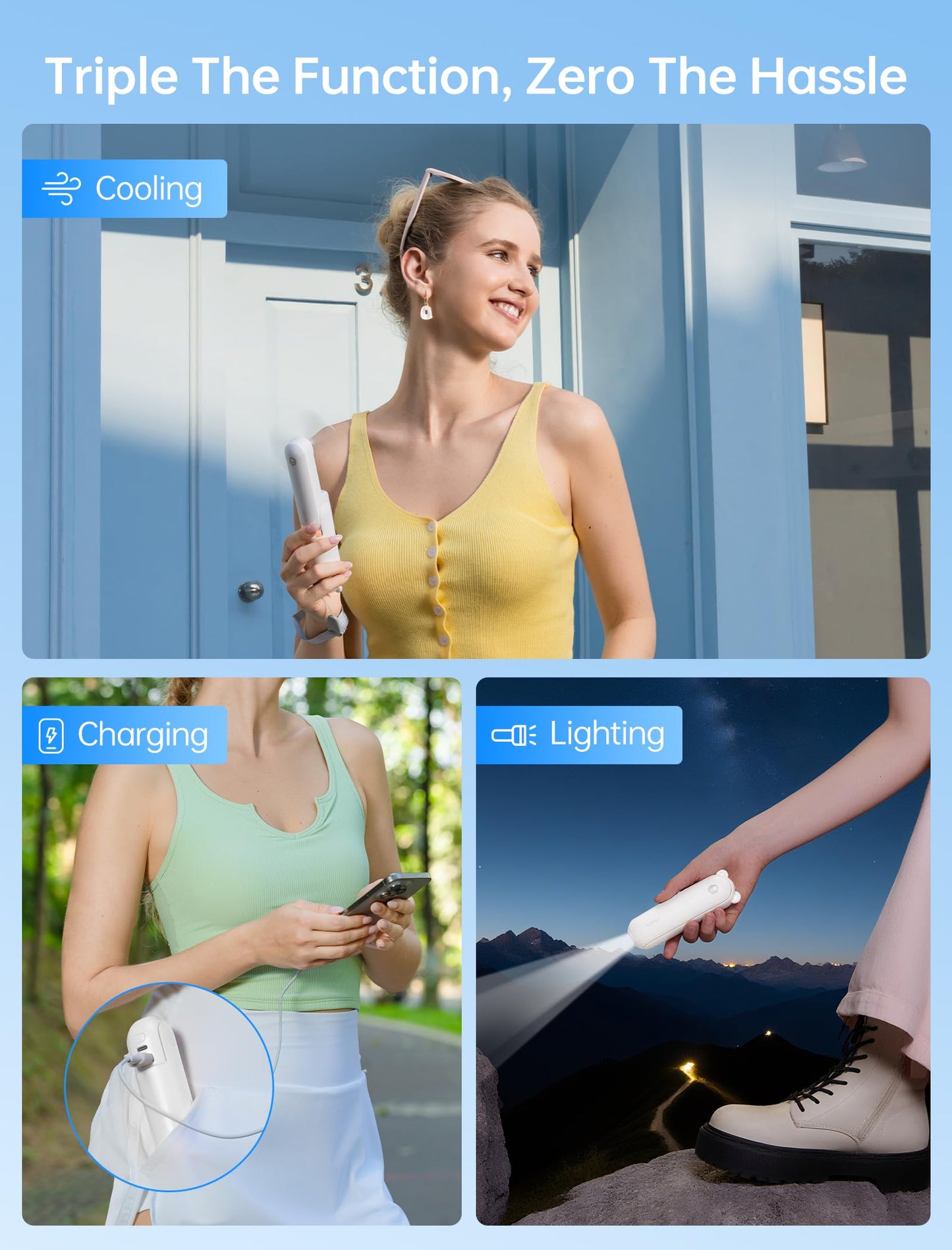 Handheld Mini Fan (White), 3-in-1 USB Rechargeable Portable Fan with Power Bank & Flashlight, Pocket Design for Travel & Summer - Image 2