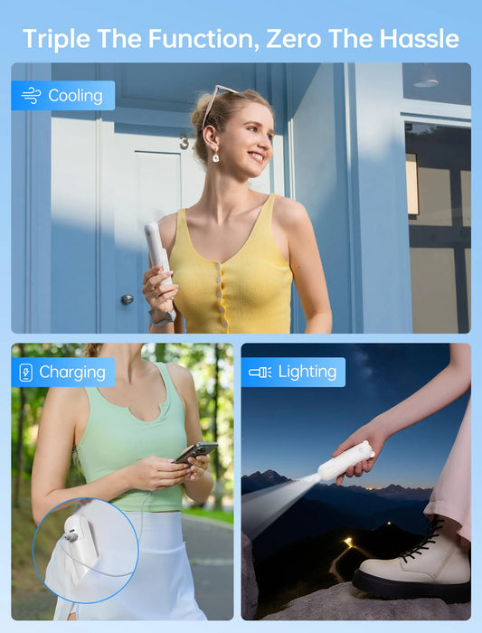 Handheld Mini Fan (White), 3-in-1 USB Rechargeable Portable Fan with Power Bank & Flashlight, Pocket Design for Travel & Summer - Image 2