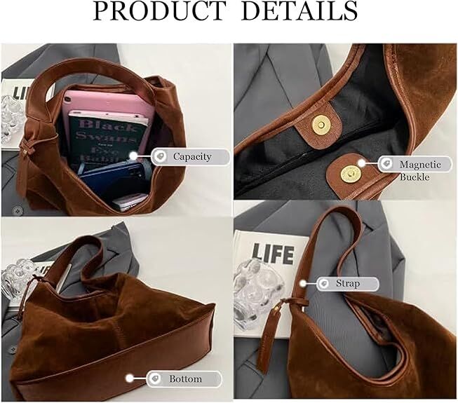 Leather Hobo Bags for Women Brown Purses Suede Purse Slouchy Tote Bag Suede Tote Bag Fall Winter Purses Handbag - Image 2