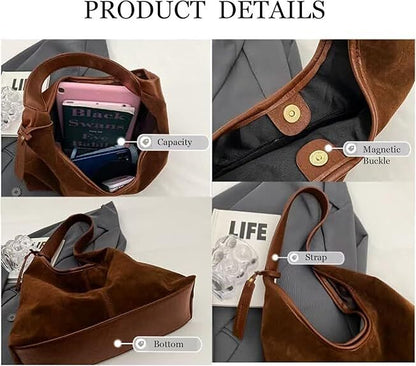 Leather Hobo Bags for Women Brown Purses Suede Purse Slouchy Tote Bag Suede Tote Bag Fall Winter Purses Handbag - Image 2