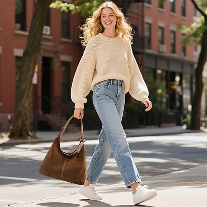 Leather Hobo Bags for Women Brown Purses Suede Purse Slouchy Tote Bag Suede Tote Bag Fall Winter Purses Handbag - Image 4