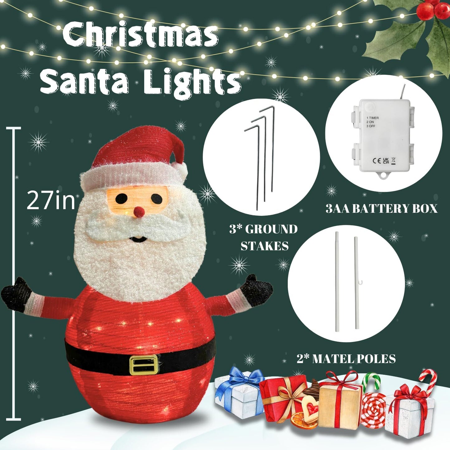 Lighted Christmas Santa Claus Decoration Lantern, 45 LED Collapsible Pop-Up Ornament with 8 Light Modes & Timer, Indoor Outdoor Holiday Décor - Image 3