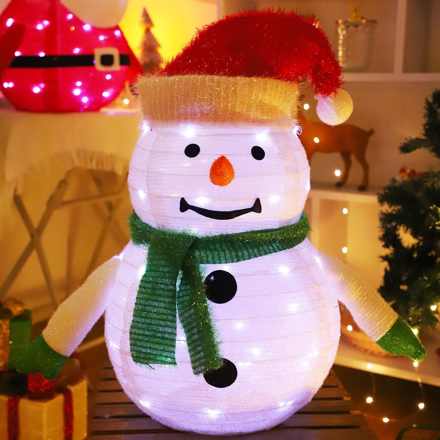 Lighted Christmas Snowman Decoration Lantern, 45 LED Collapsible Pop-Up Ornament with 8 Light Modes & Timer, Indoor Outdoor Holiday Décor