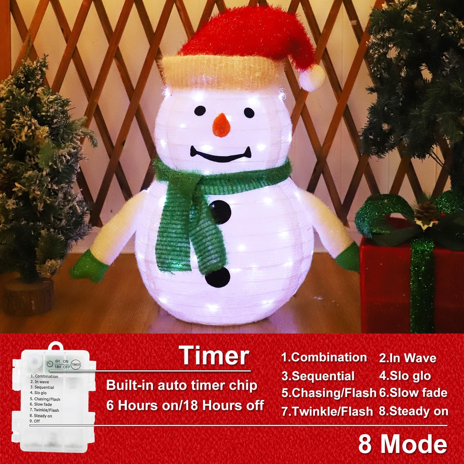 Lighted Christmas Snowman Decoration Lantern, 45 LED Collapsible Pop-Up Ornament with 8 Light Modes & Timer, Indoor Outdoor Holiday Décor - Image 4