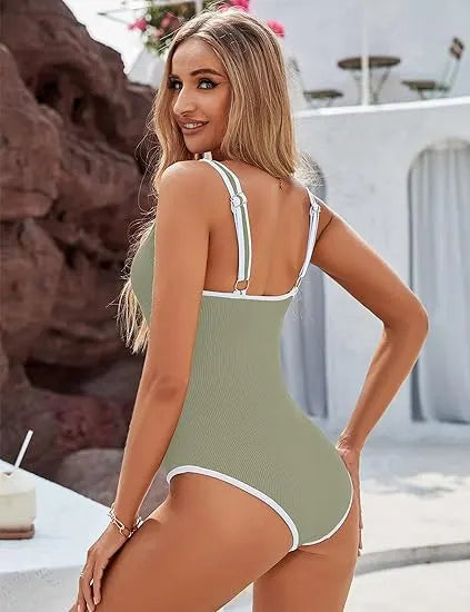 Women's Matcha Green One Piece Swimsuit with White Trim: Adjustable Strap, Ribbed, High Cut for Sports & Beach（S） - Image 2