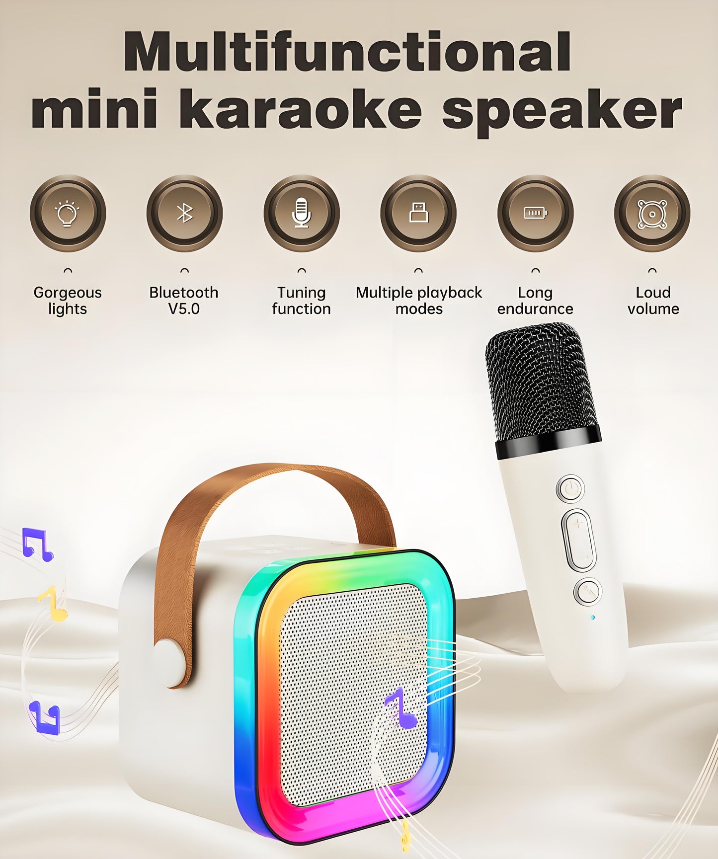 Off-White Mini Karaoke Machine with 2 Wireless Microphones: Portable Bluetooth Speaker for Kids & Adults, Ideal Gift for All Occasions - Image 2