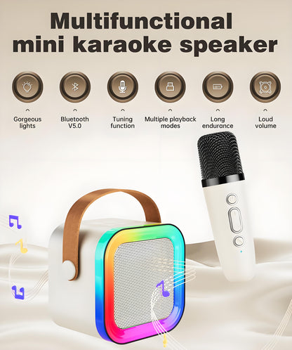 Off-White Mini Karaoke Machine with 2 Wireless Microphones: Portable Bluetooth Speaker for Kids & Adults, Ideal Gift for All Occasions - Image 2