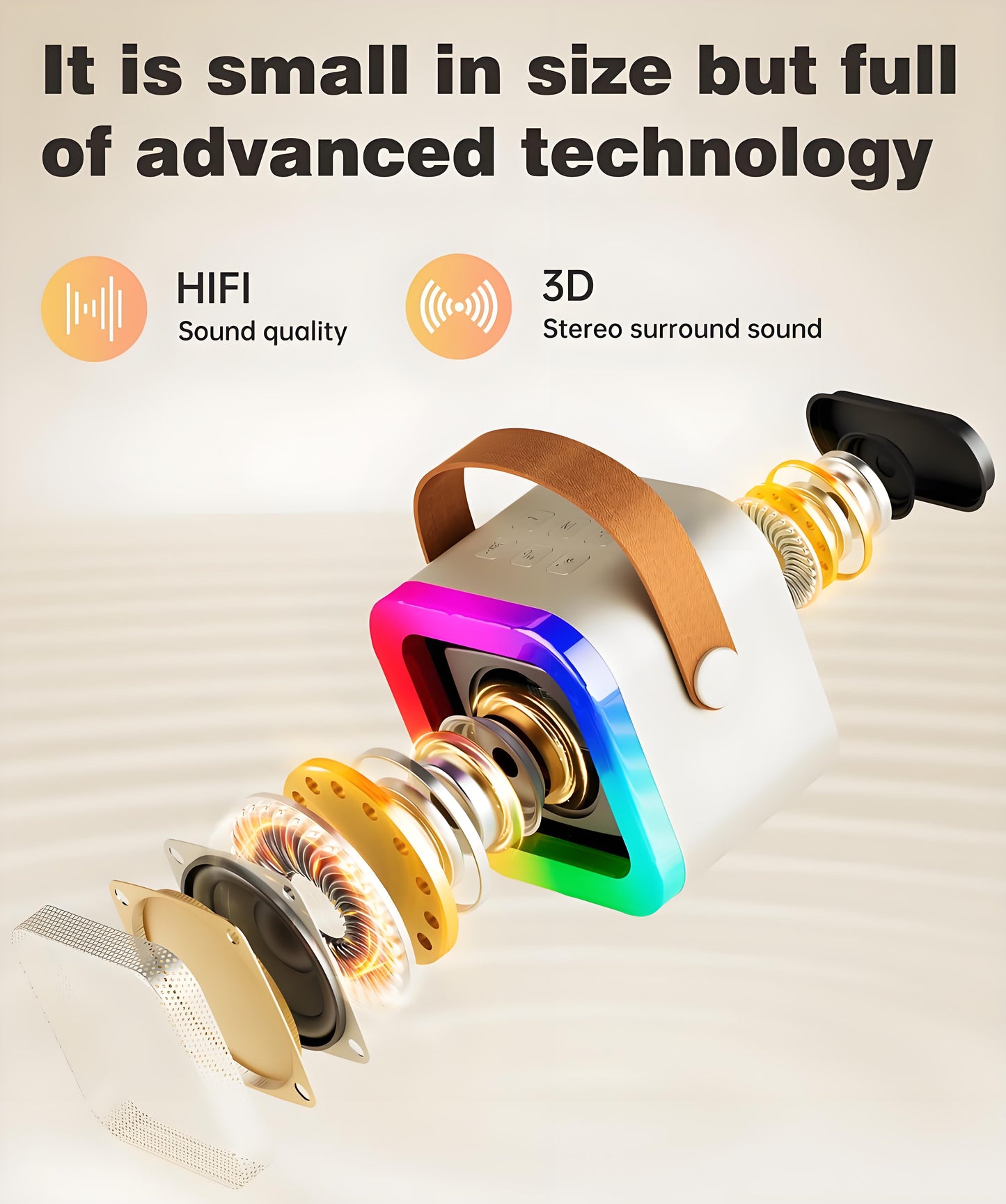 Off-White Mini Karaoke Machine with 2 Wireless Microphones: Portable Bluetooth Speaker for Kids & Adults, Ideal Gift for All Occasions - Image 3