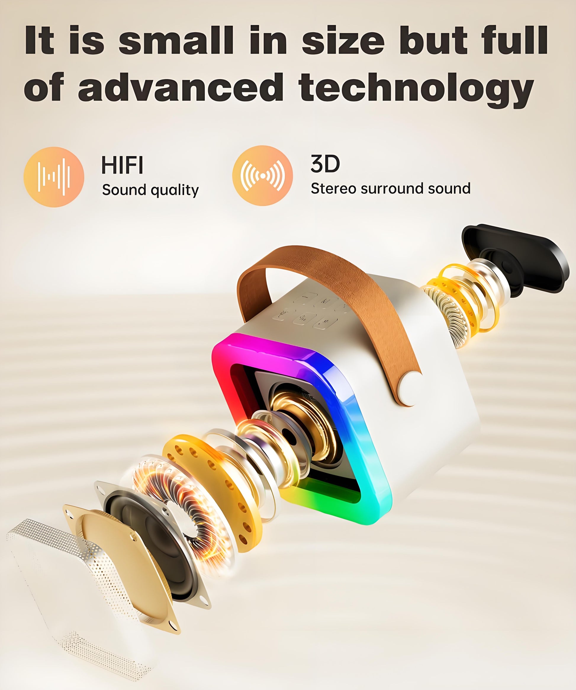 Off-White Mini Karaoke Machine with 2 Wireless Microphones: Portable Bluetooth Speaker for Kids & Adults, Ideal Gift for All Occasions - Image 3