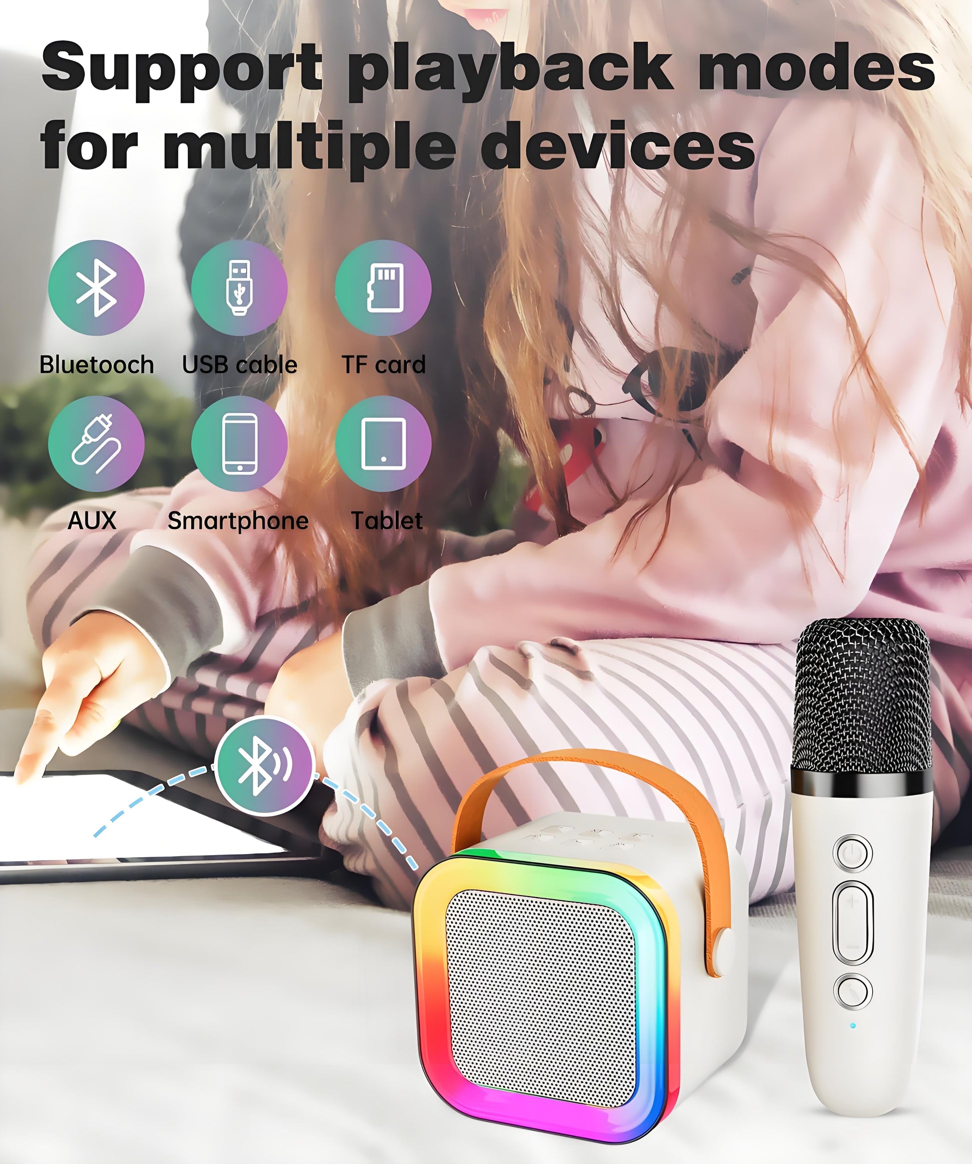 Off-White Mini Karaoke Machine with 2 Wireless Microphones: Portable Bluetooth Speaker for Kids & Adults, Ideal Gift for All Occasions - Image 4