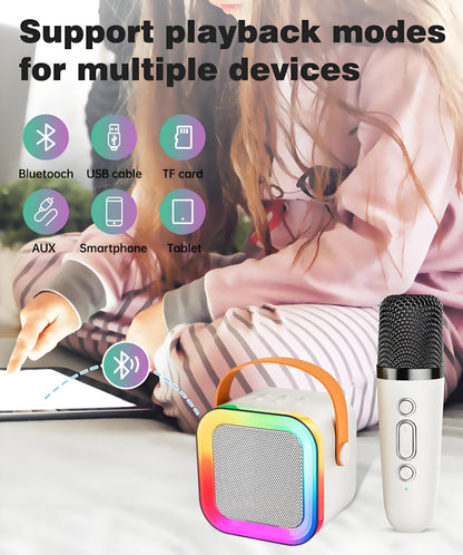 Off-White Mini Karaoke Machine with 2 Wireless Microphones: Portable Bluetooth Speaker for Kids & Adults, Ideal Gift for All Occasions - Image 4