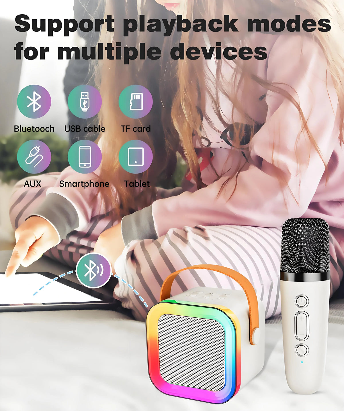 Off-White Mini Karaoke Machine with 2 Wireless Microphones: Portable Bluetooth Speaker for Kids & Adults, Ideal Gift for All Occasions - Image 4