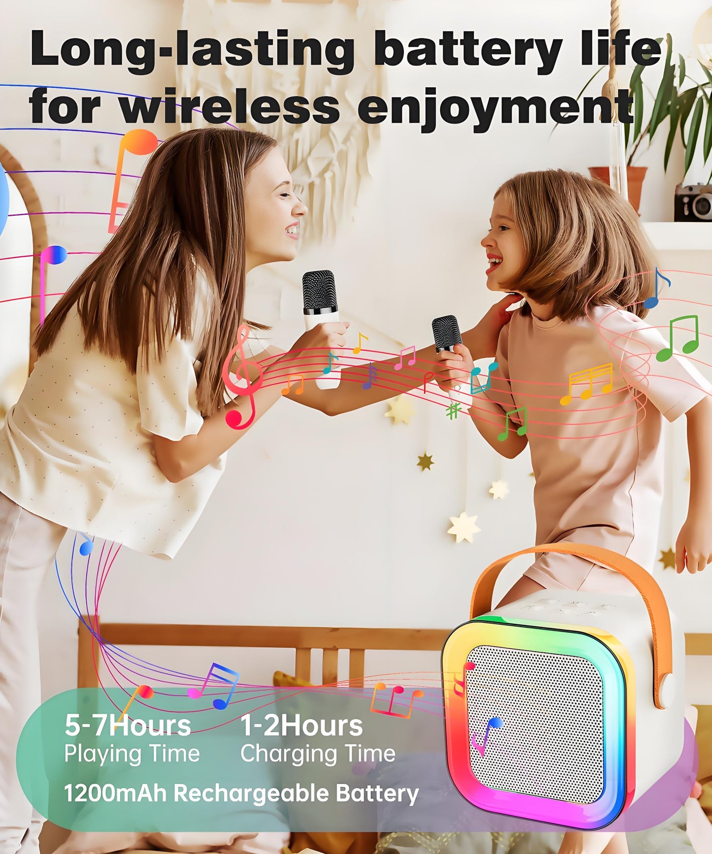 Off-White Mini Karaoke Machine with 2 Wireless Microphones: Portable Bluetooth Speaker for Kids & Adults, Ideal Gift for All Occasions - Image 5