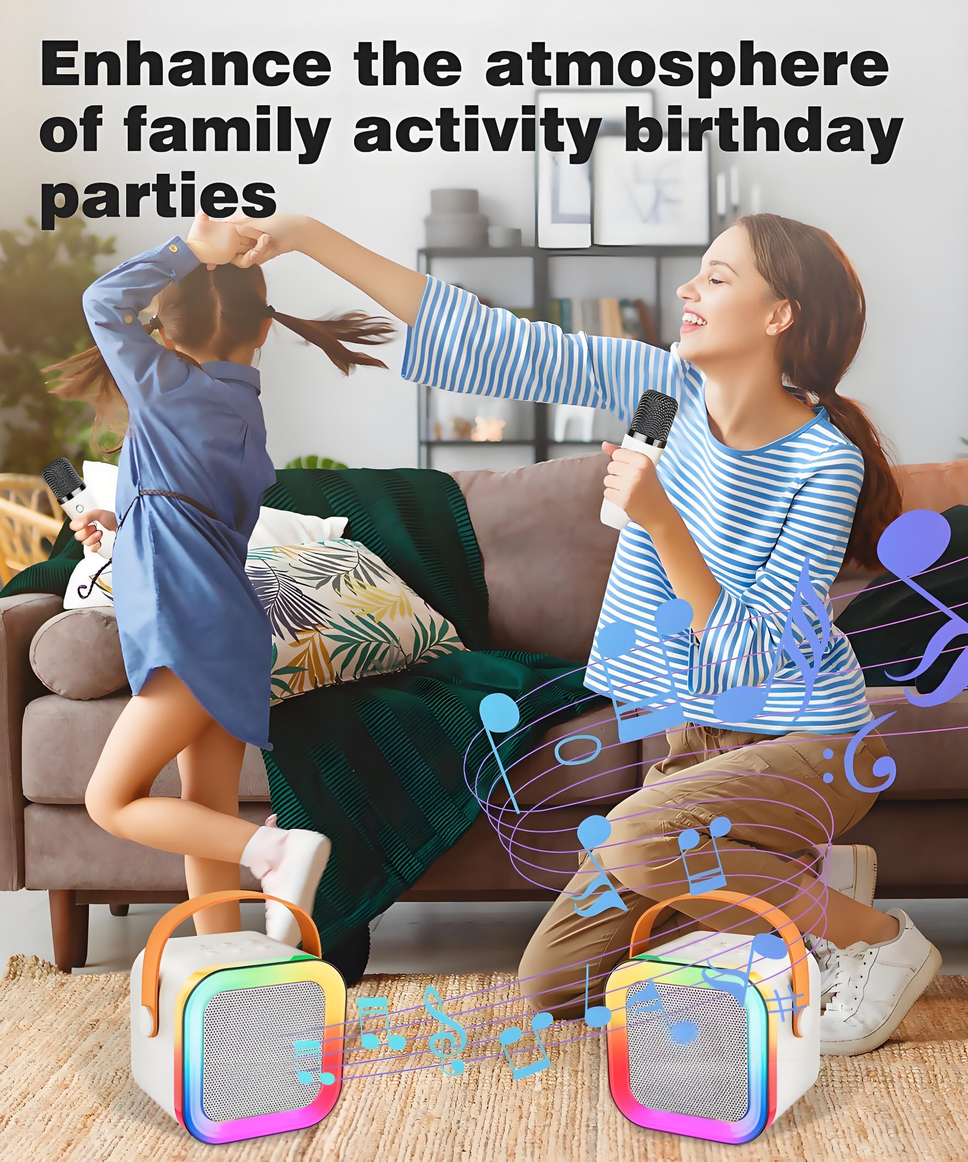 Off-White Mini Karaoke Machine with 2 Wireless Microphones: Portable Bluetooth Speaker for Kids & Adults, Ideal Gift for All Occasions - Image 6