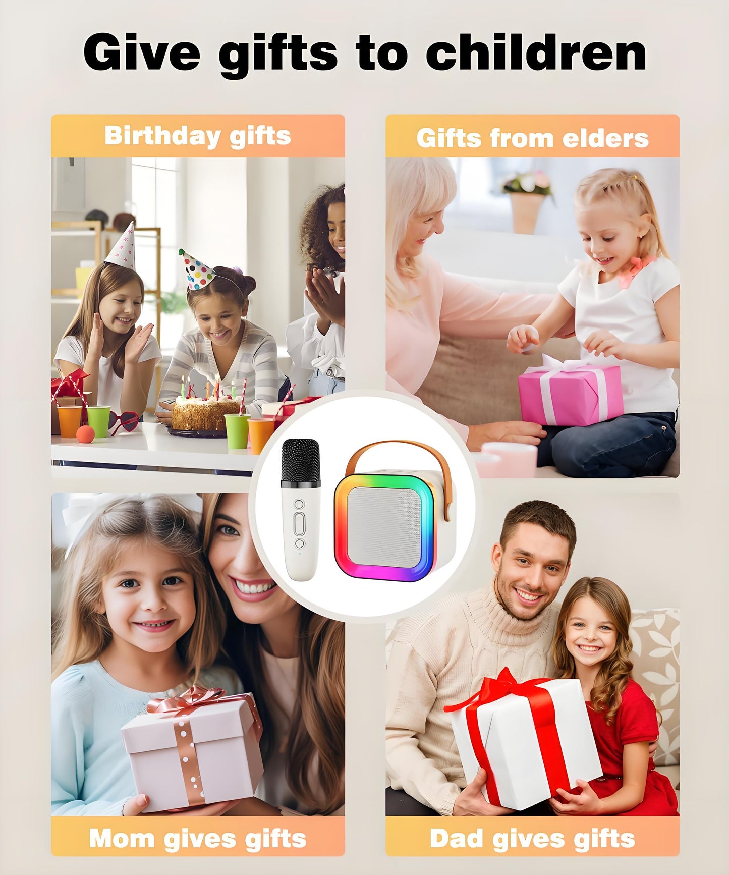 Off-White Mini Karaoke Machine with 2 Wireless Microphones: Portable Bluetooth Speaker for Kids & Adults, Ideal Gift for All Occasions - Image 7