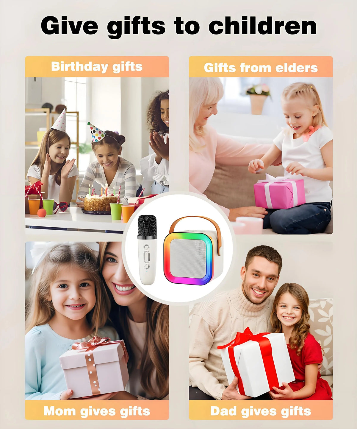 Off-White Mini Karaoke Machine with 2 Wireless Microphones: Portable Bluetooth Speaker for Kids & Adults, Ideal Gift for All Occasions - Image 7