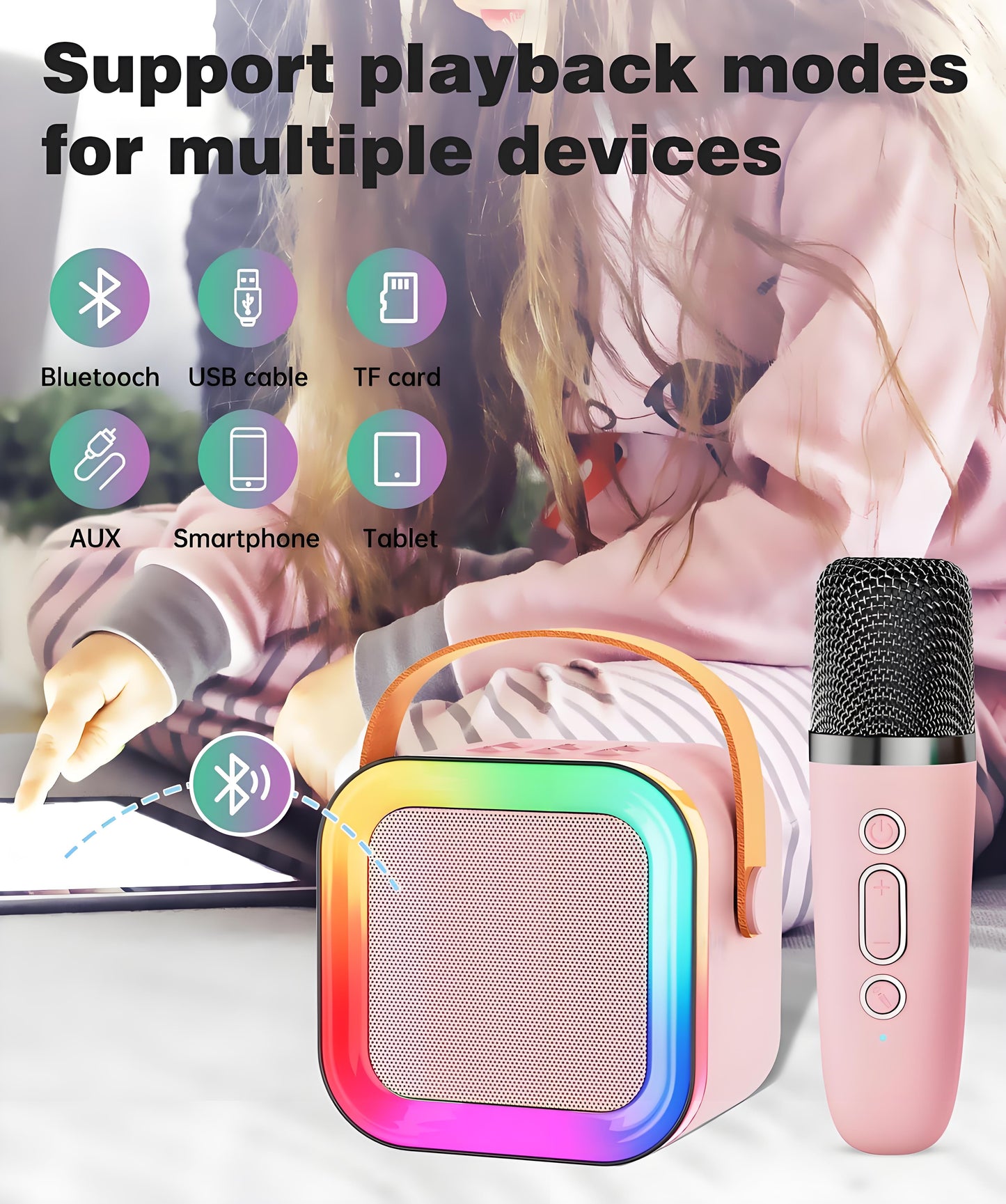 Pink Mini Karaoke Machine with 2 Wireless Microphones: Portable Bluetooth Speaker for Kids & Adults, Ideal Gift for All Occasions - Image 4