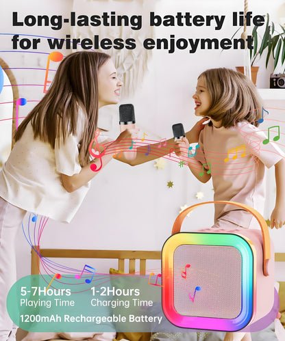 Pink Mini Karaoke Machine with 2 Wireless Microphones: Portable Bluetooth Speaker for Kids & Adults, Ideal Gift for All Occasions - Image 5