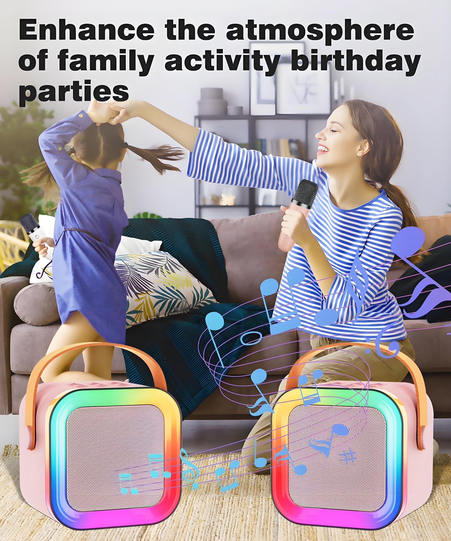 Pink Mini Karaoke Machine with 2 Wireless Microphones: Portable Bluetooth Speaker for Kids & Adults, Ideal Gift for All Occasions - Image 6