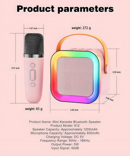 Pink Mini Karaoke Machine with 2 Wireless Microphones: Portable Bluetooth Speaker for Kids & Adults, Ideal Gift for All Occasions - Image 8