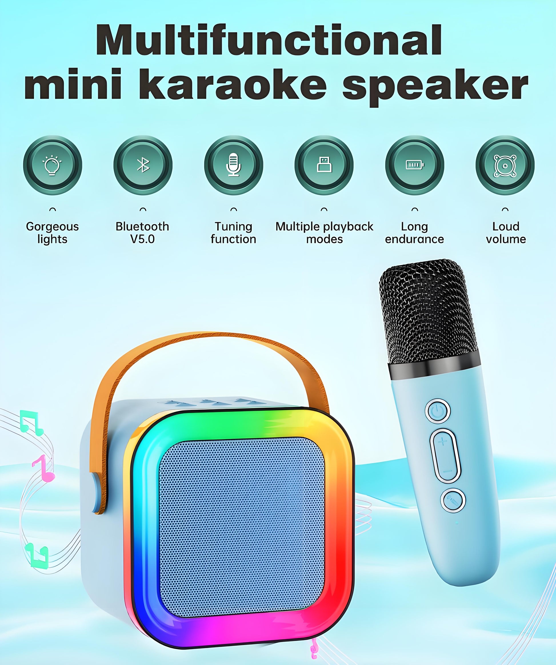Black Mini Karaoke Machine with 2 Wireless Microphones: Portable Bluetooth Speaker for Kids & Adults, Ideal Gift for All Occasions - Image 3