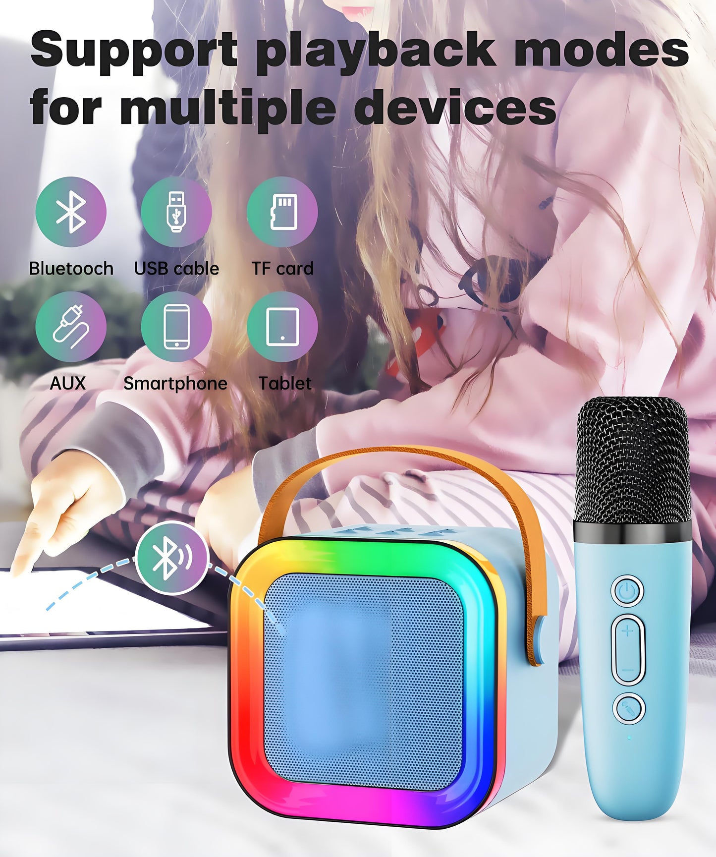 Black Mini Karaoke Machine with 2 Wireless Microphones: Portable Bluetooth Speaker for Kids & Adults, Ideal Gift for All Occasions - Image 4