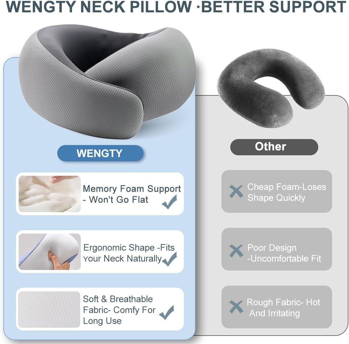 Travel Pillows for Airplanes,Memory Foam Neck Pillow for Traveling,Smooth & Cooling Fabric Plane Pillow for Long Flight,Ideal for Travels,Airplanes,Offices,Cars (Gray, Standard-Broad Fit) - Image 3