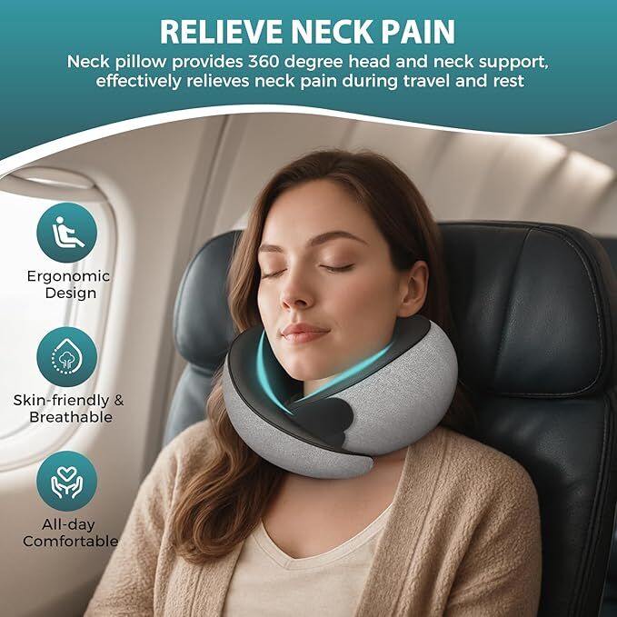 Travel Neck Pillows for Airplanes - 360° Ergonomic Memory Foam Travel Pillow - Relief Neck Pain with Breathable Support for Long Flights, Car, Train & Office Use - Adults & Kids - Image 3