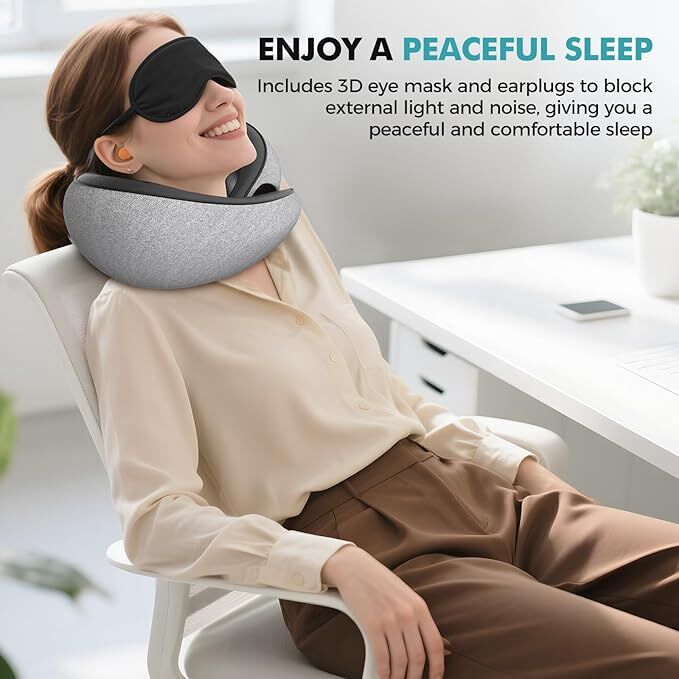 Travel Neck Pillows for Airplanes - 360° Ergonomic Memory Foam Travel Pillow - Relief Neck Pain with Breathable Support for Long Flights, Car, Train & Office Use - Adults & Kids - Image 4