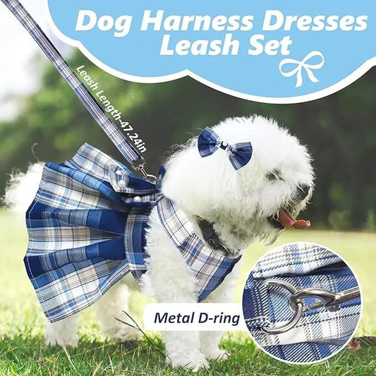 pet products Dog Dress Bowknot Harness Leash Set for Small Dogs Girl Cute Plaid Dog Dress Pearls Bow Tie Spring Summer Princess Clothes Birthday Holiday Doggie Outfits for Puppy Cats Girl Apparel - Image 2