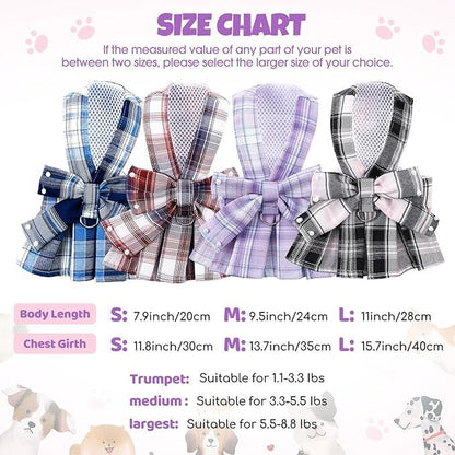 pet products Dog Dress Bowknot Harness Leash Set for Small Dogs Girl Cute Plaid Dog Dress Pearls Bow Tie Spring Summer Princess Clothes Birthday Holiday Doggie Outfits for Puppy Cats Girl Apparel - Image 5