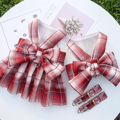 pet products Dog Dress Bowknot Harness Leash Set for Small Dogs Girl Cute Plaid Dog Dress Pearls Bow Tie Spring Summer Princess Clothes Birthday Holiday Doggie Outfits for Puppy Cats Girl Apparel - Image 7