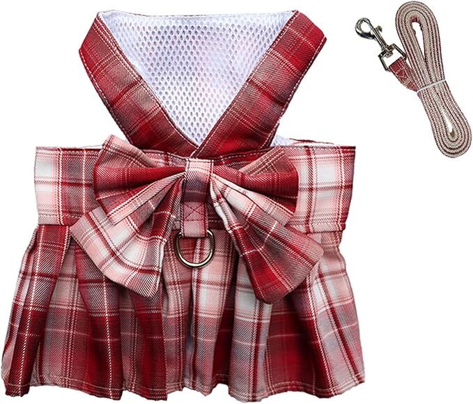 pet products Dog Dress Bowknot Harness Leash Set for Small Dogs Girl Cute Plaid Dog Dress Pearls Bow Tie Spring Summer Princess Clothes Birthday Holiday Doggie Outfits for Puppy Cats Girl Apparel - Image 8