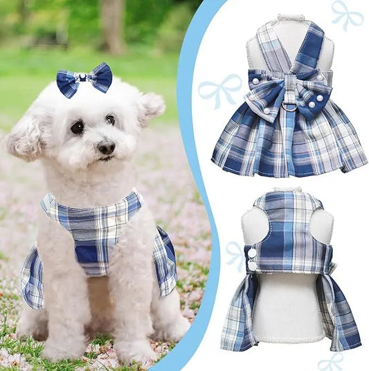 pet products Dog Dress Bowknot Harness Leash Set for Small Dogs Girl Cute Plaid Dog Dress Pearls Bow Tie Spring Summer Princess Clothes Birthday Holiday Doggie Outfits for Puppy Cats Girl Apparel - Image 2